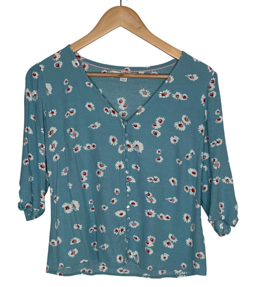 Boden Blouse Womens US 2 Blue Floral V Neck Short Sleeve Lightweight Classic Top